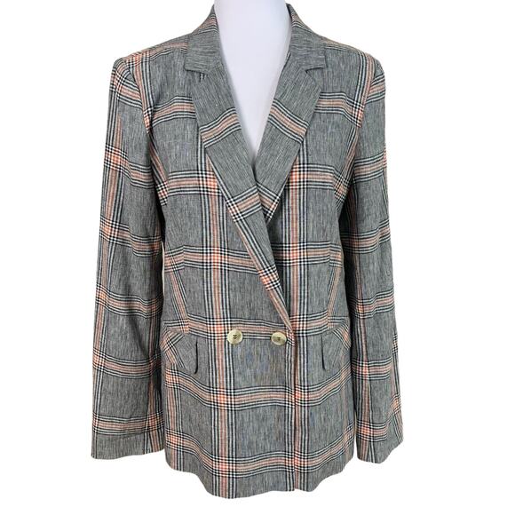 1.STATE Size 10 Double Breasted Blazer Jacket Black White Rust Orange Plaid - Picture 3 of 14
